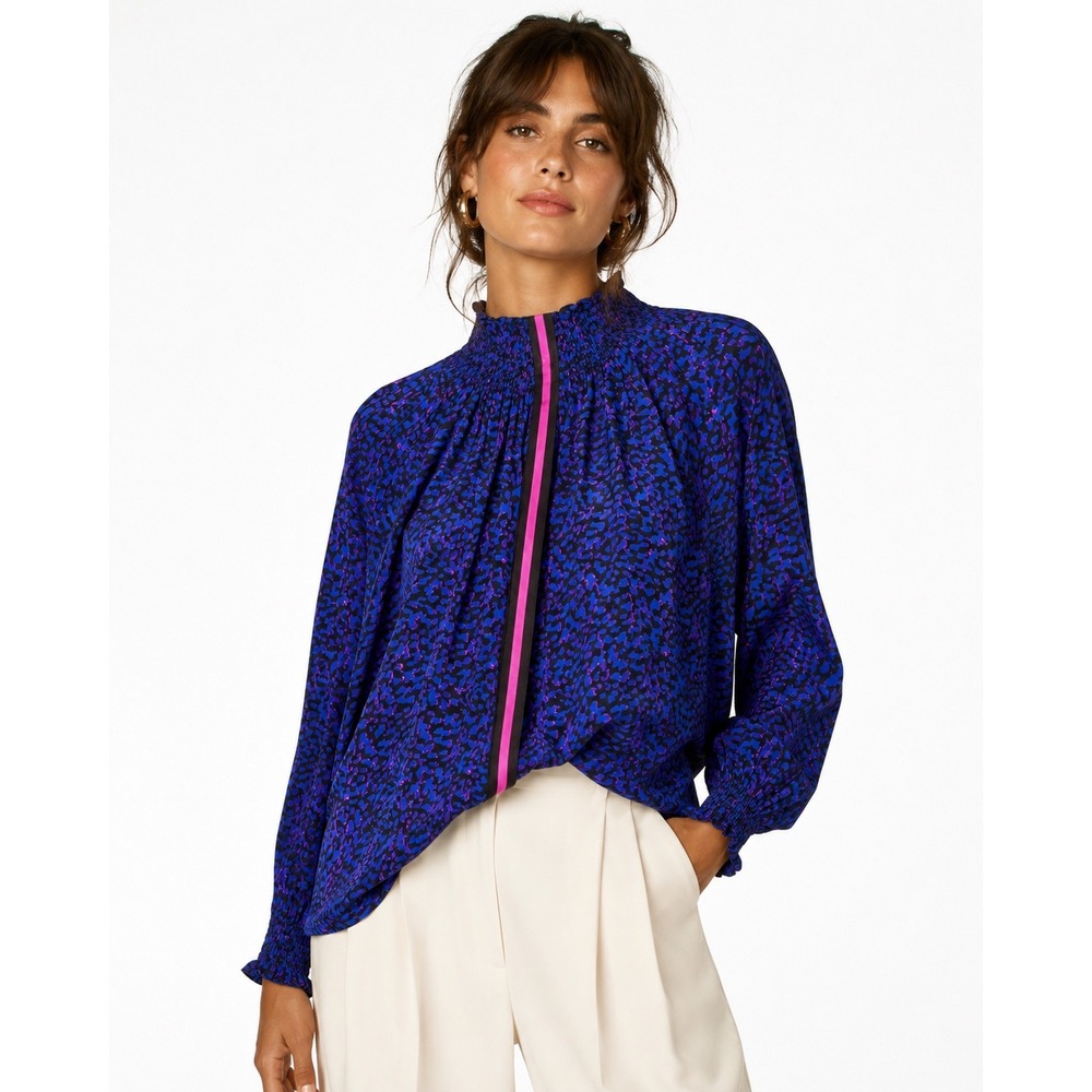 Rungolee Silk Brooklyn Blue Pink Animal Leopard Print Smocked Neck Tie Blouse M